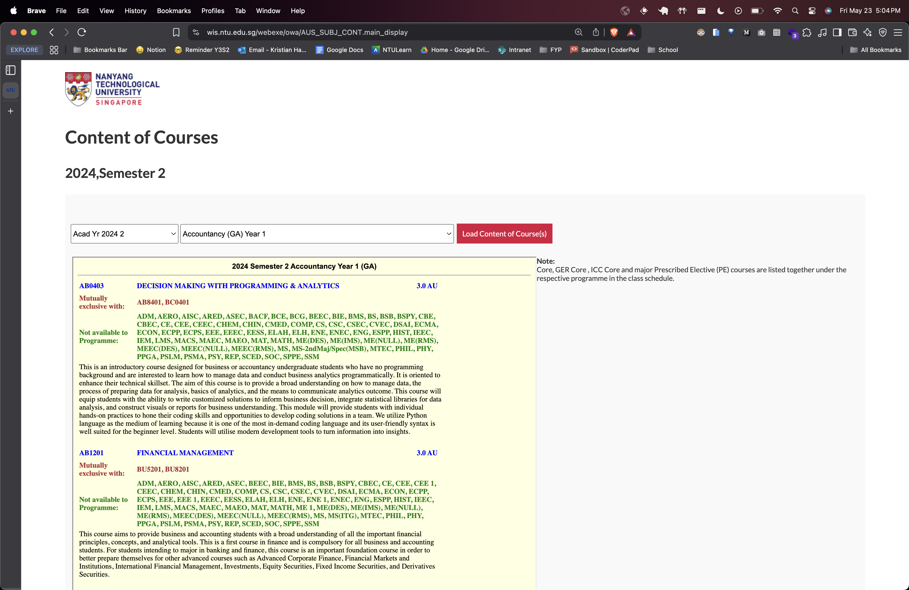 Content of Course Page