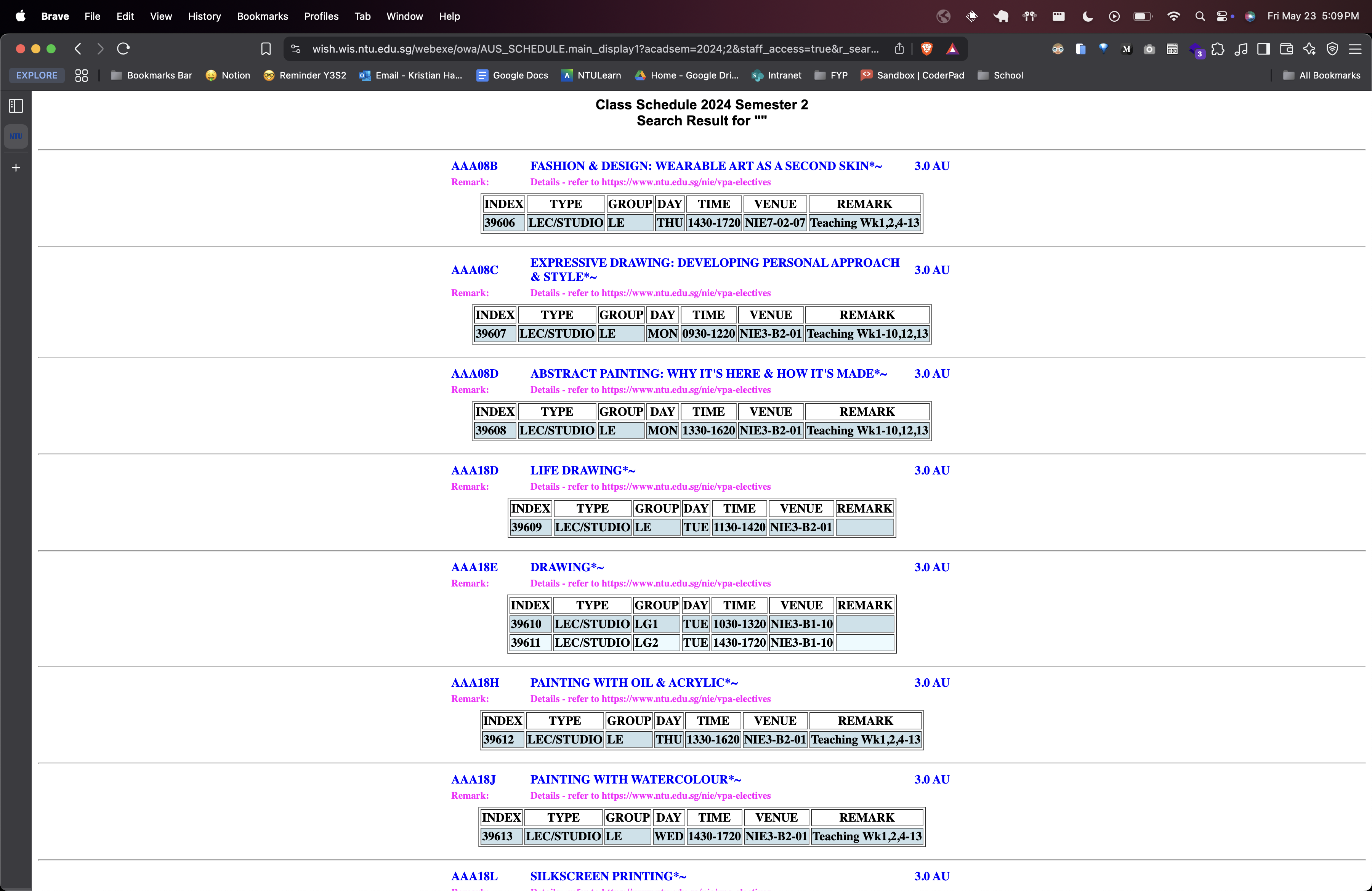 Course Schedule Page
