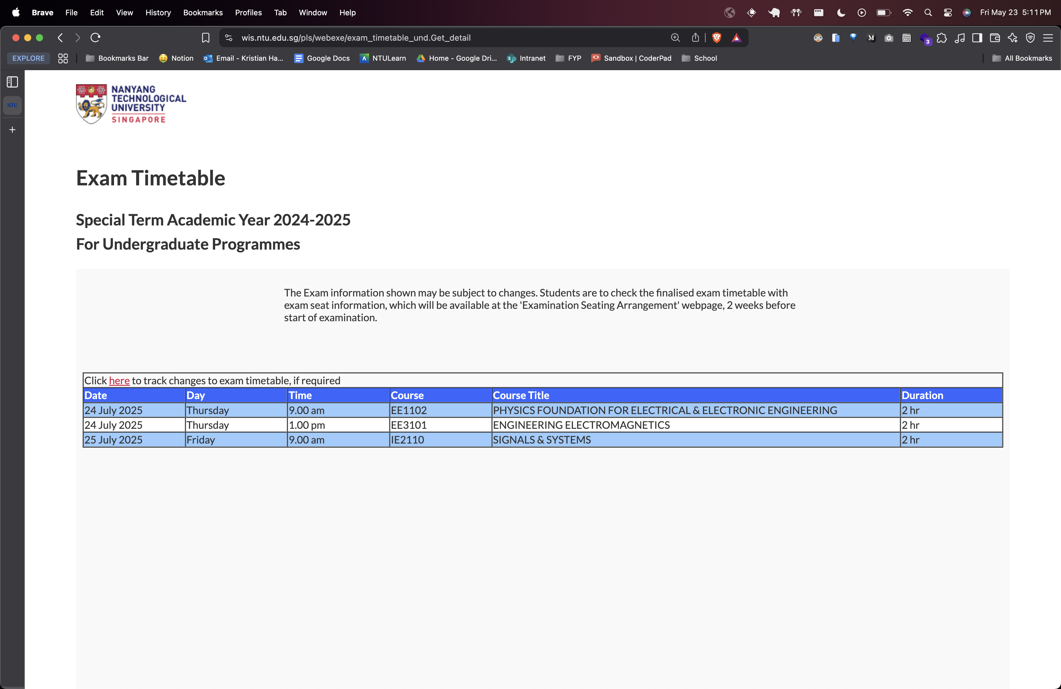 Exam Timetable Page